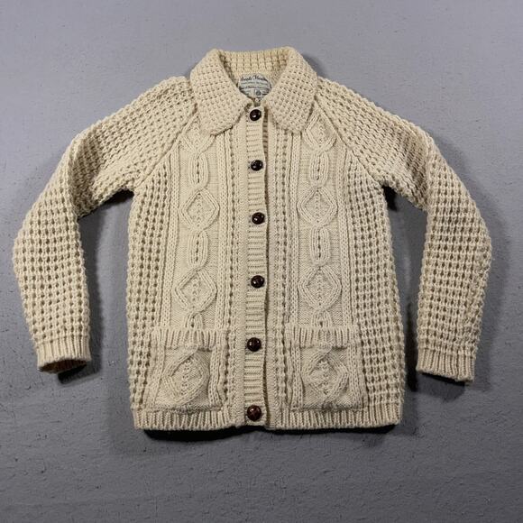 VTG Purple Heather Sweater Men 40/ L‎ Cream Wool Handloomed Irish Cardigan 90s - Picture 1 of 8